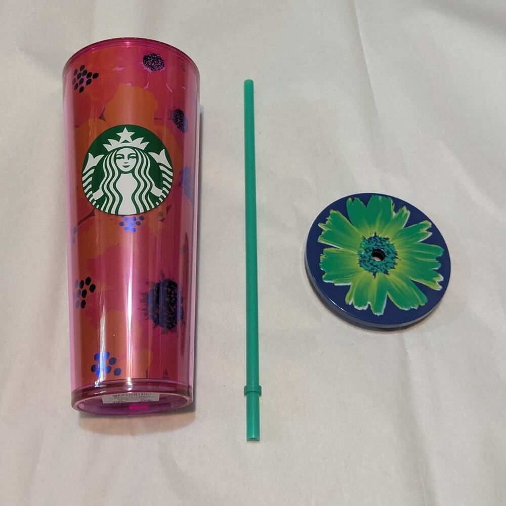 Starbucks Dancing Blooms Pink Floral Tumbler 24oz Blue Lid Green Straw NEW - Picture 7 of 7